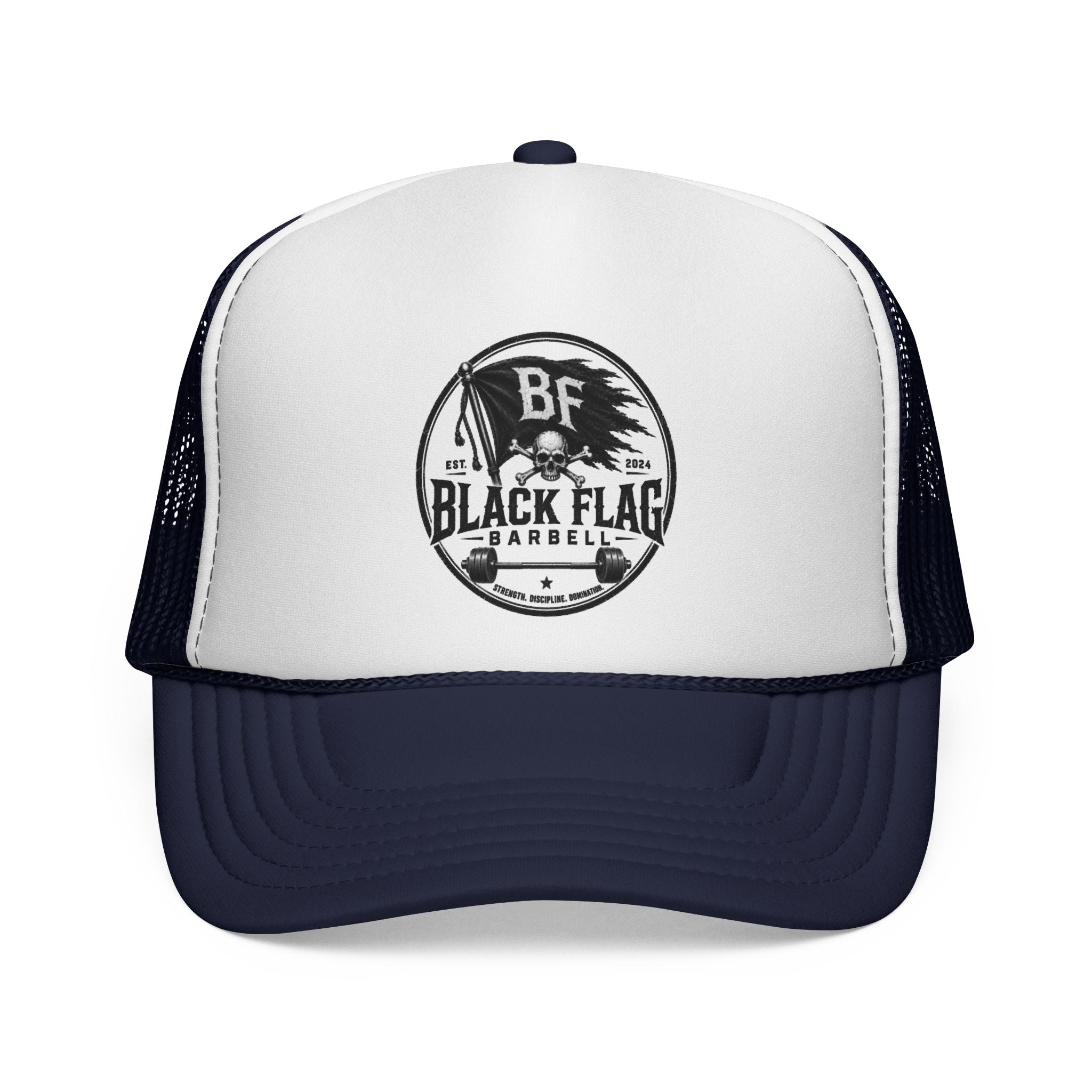 Black Flag Barbell Trucker Hat — Vintage Fitness Logo Cap