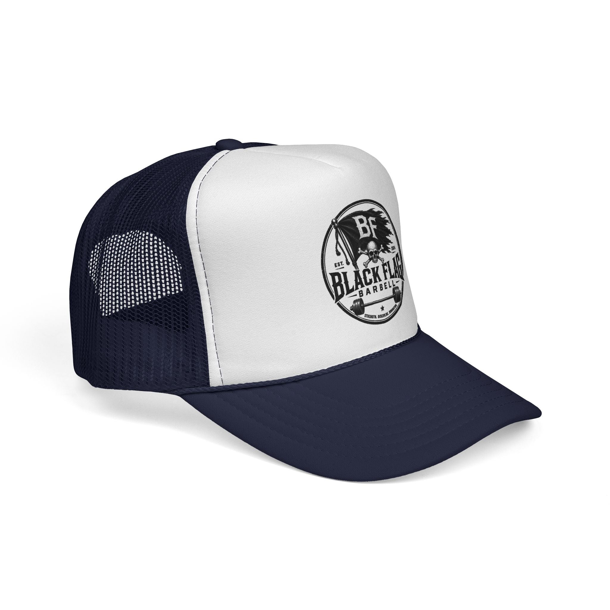 Black Flag Barbell Trucker Hat — Vintage Fitness Logo Cap