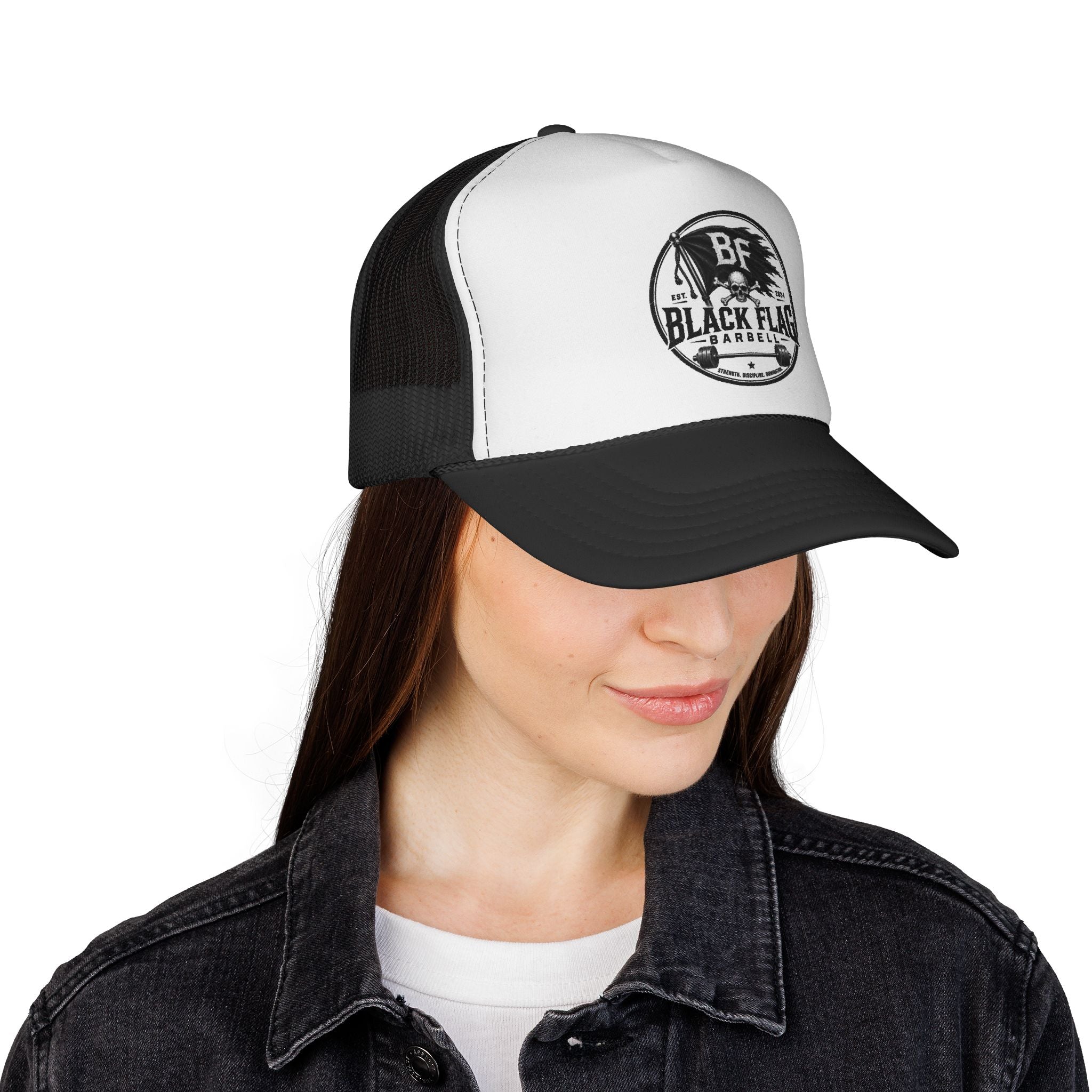 Black Flag Barbell Trucker Hat — Vintage Fitness Logo Cap