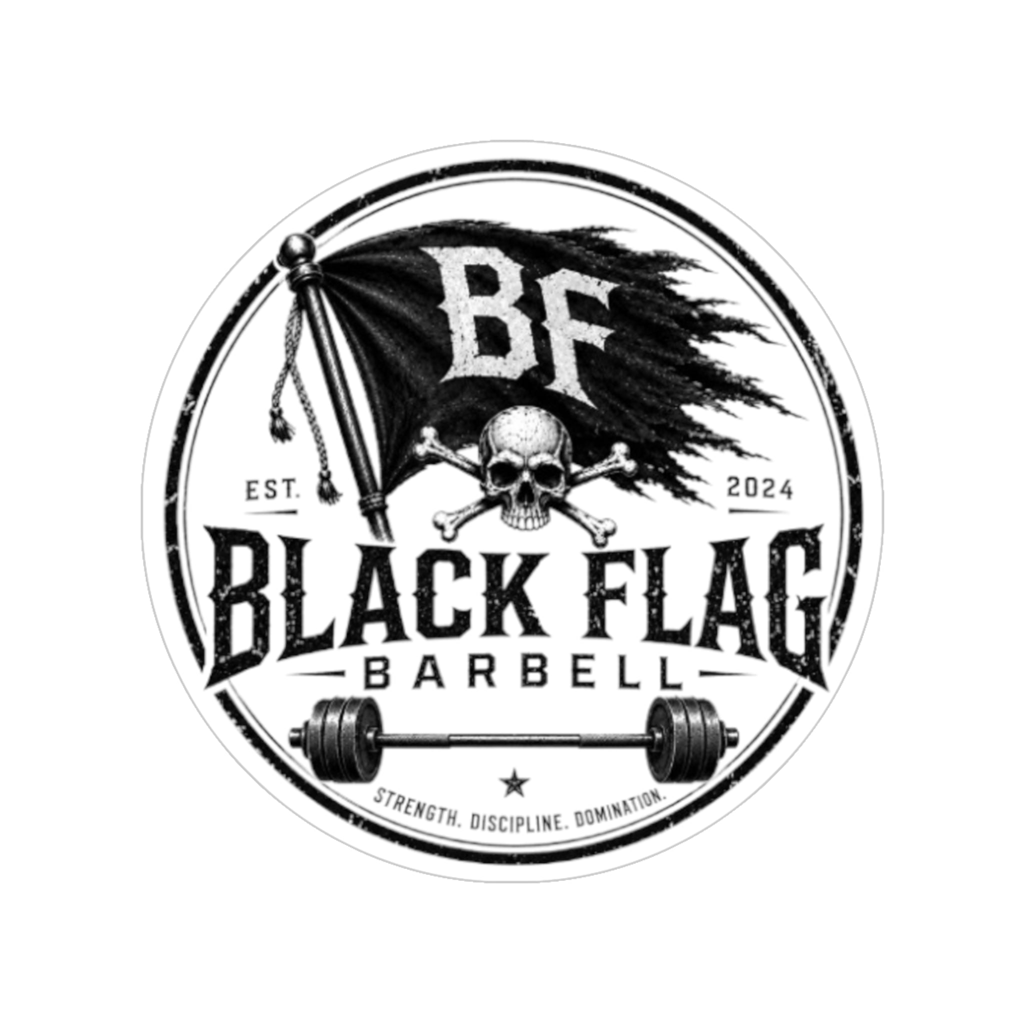 Black Flag Barbell Round Outdoor Sticker — Skull & Barbell Logo (Transparent)