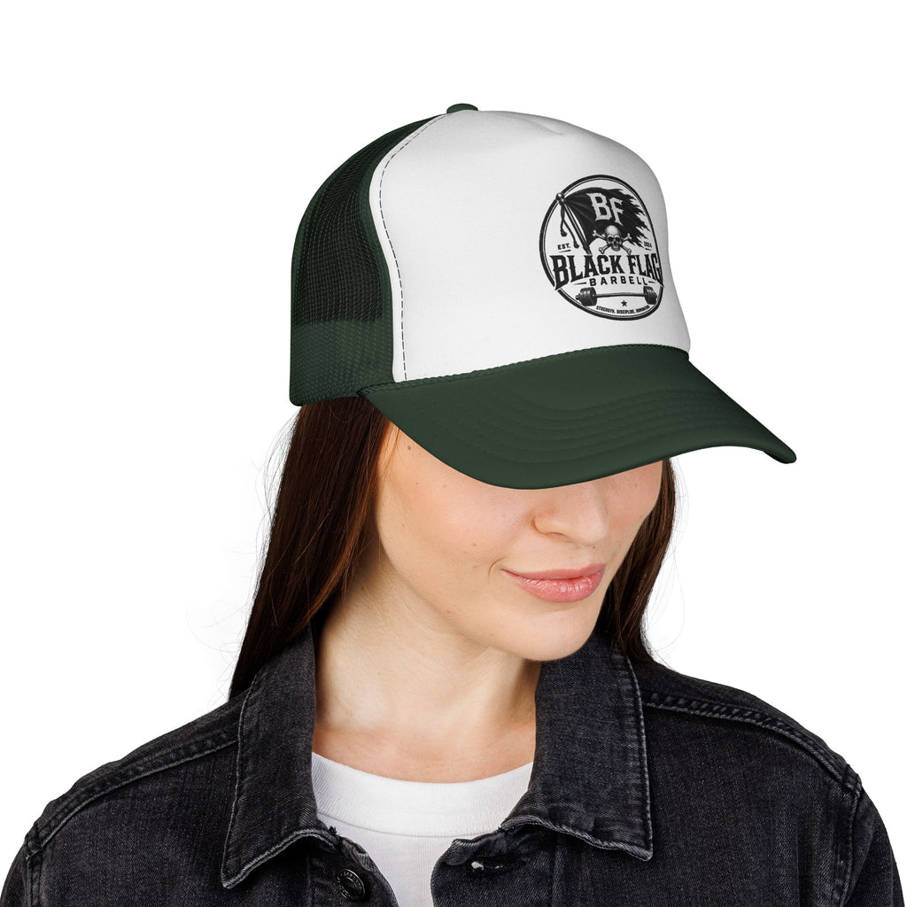 Black Flag Barbell Trucker Hat — Vintage Fitness Logo Cap