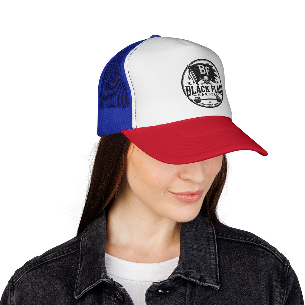 Black Flag Barbell Trucker Hat — Vintage Fitness Logo Cap