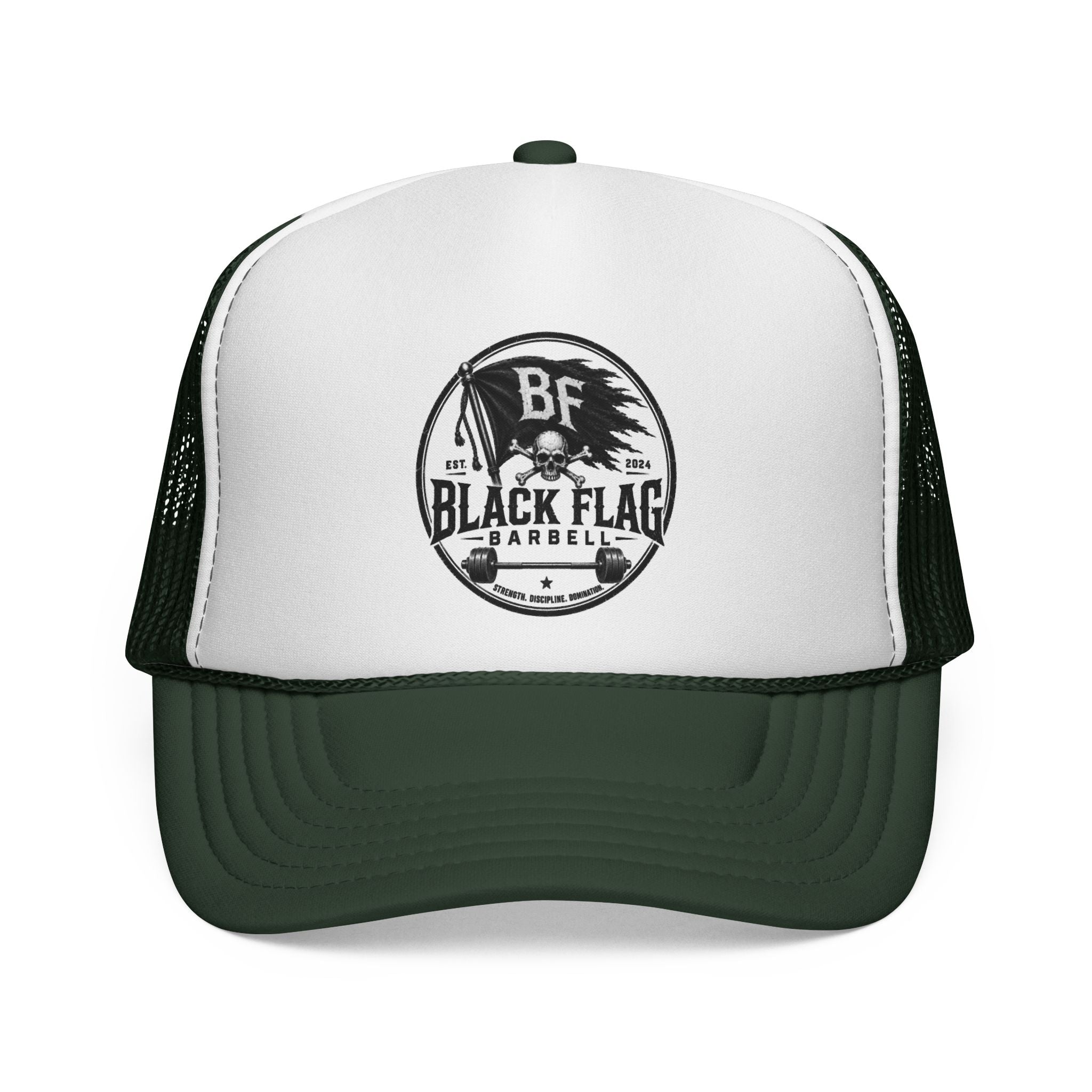 Black Flag Barbell Trucker Hat — Vintage Fitness Logo Cap