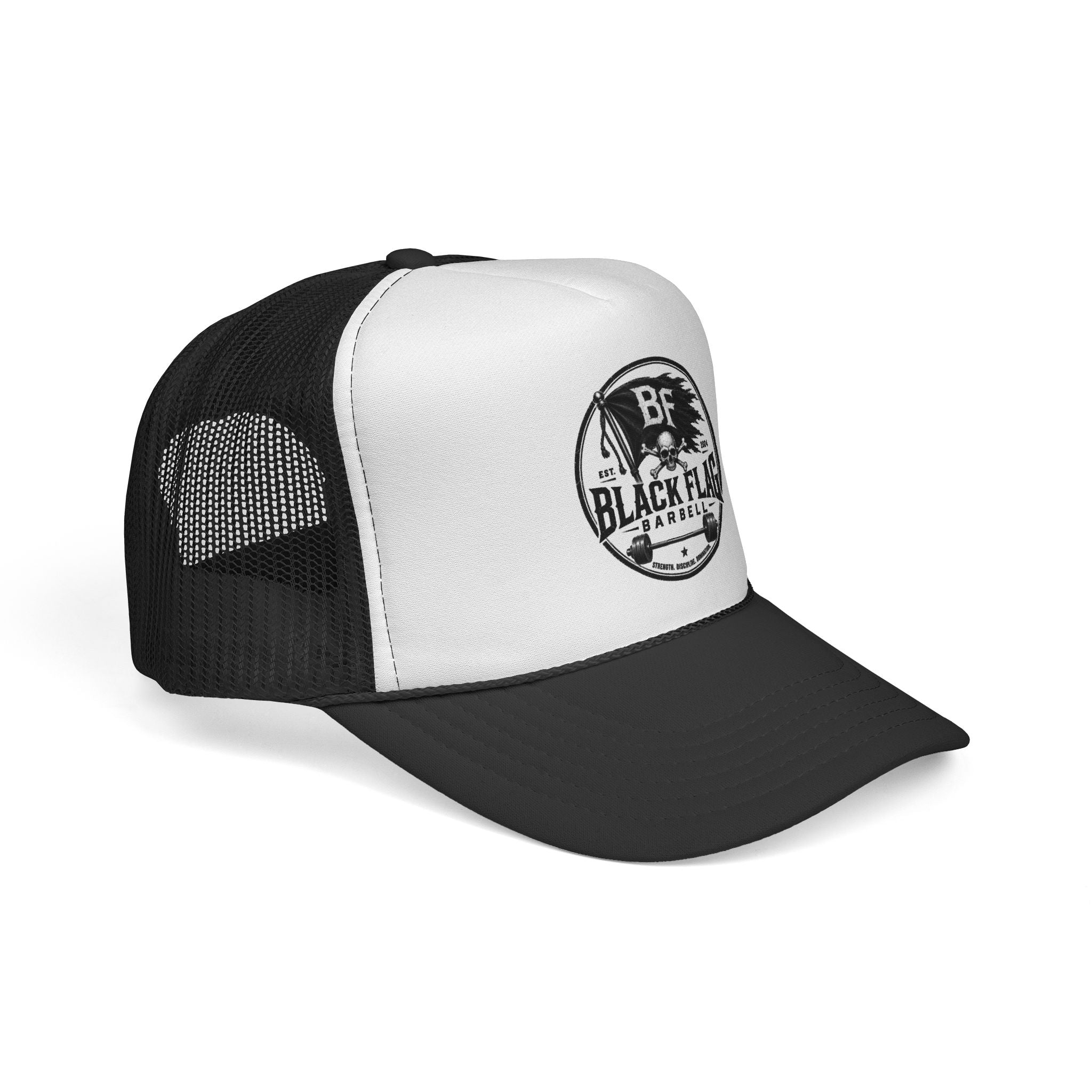 Black Flag Barbell Trucker Hat — Vintage Fitness Logo Cap