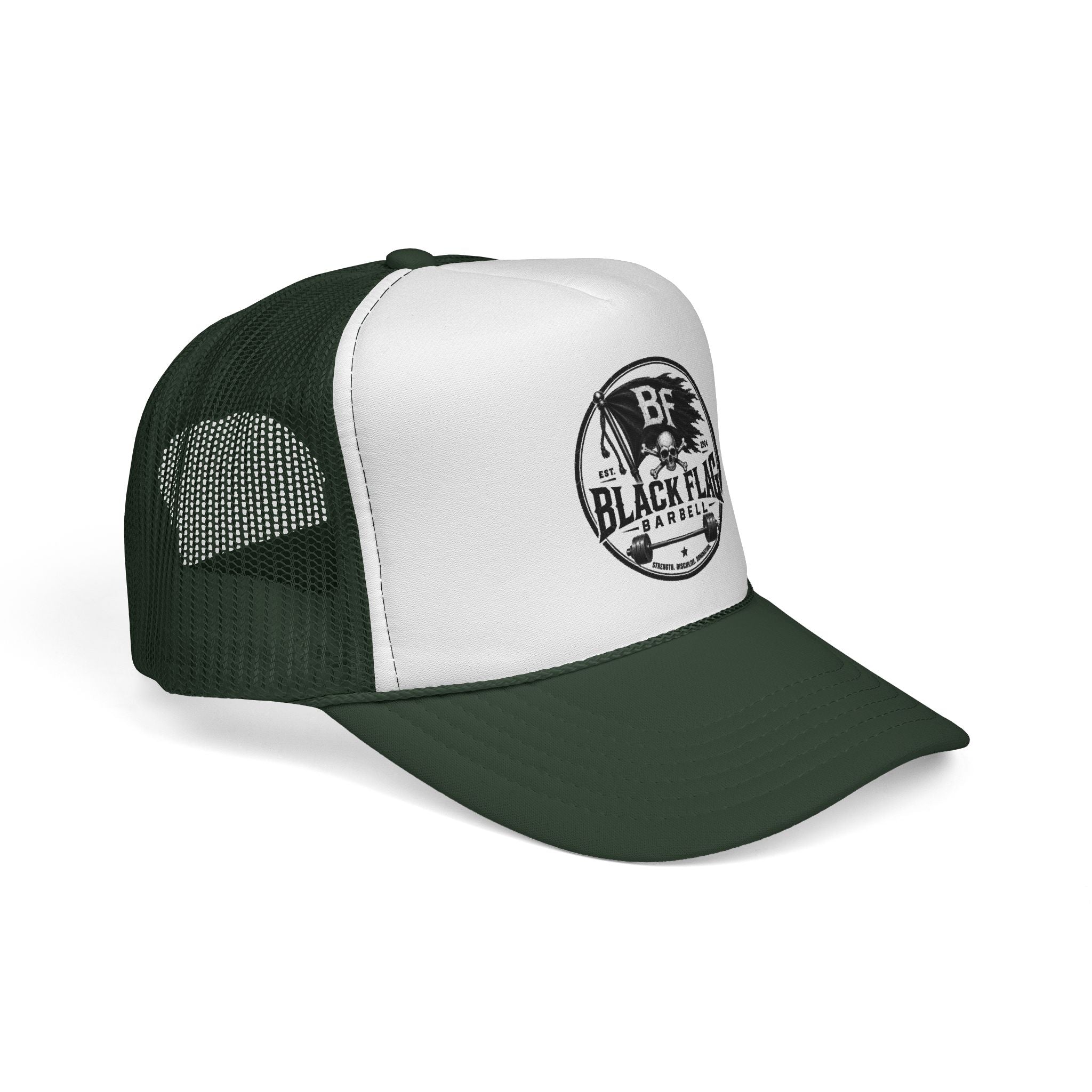 Black Flag Barbell Trucker Hat — Vintage Fitness Logo Cap