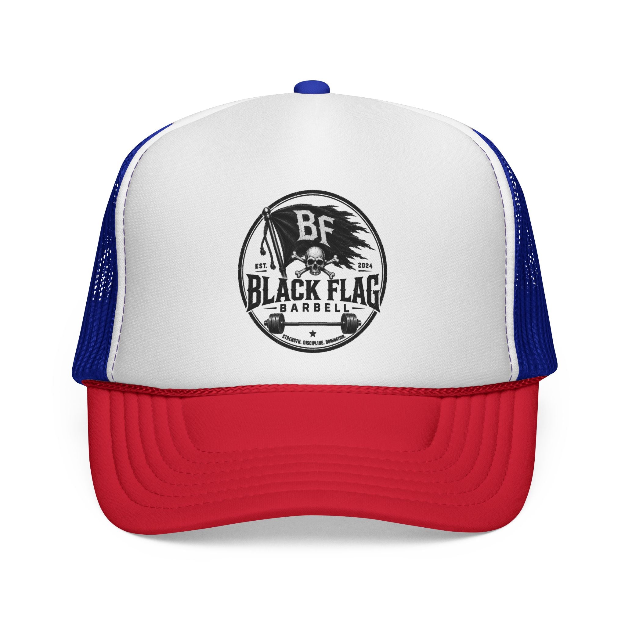 Black Flag Barbell Trucker Hat — Vintage Fitness Logo Cap