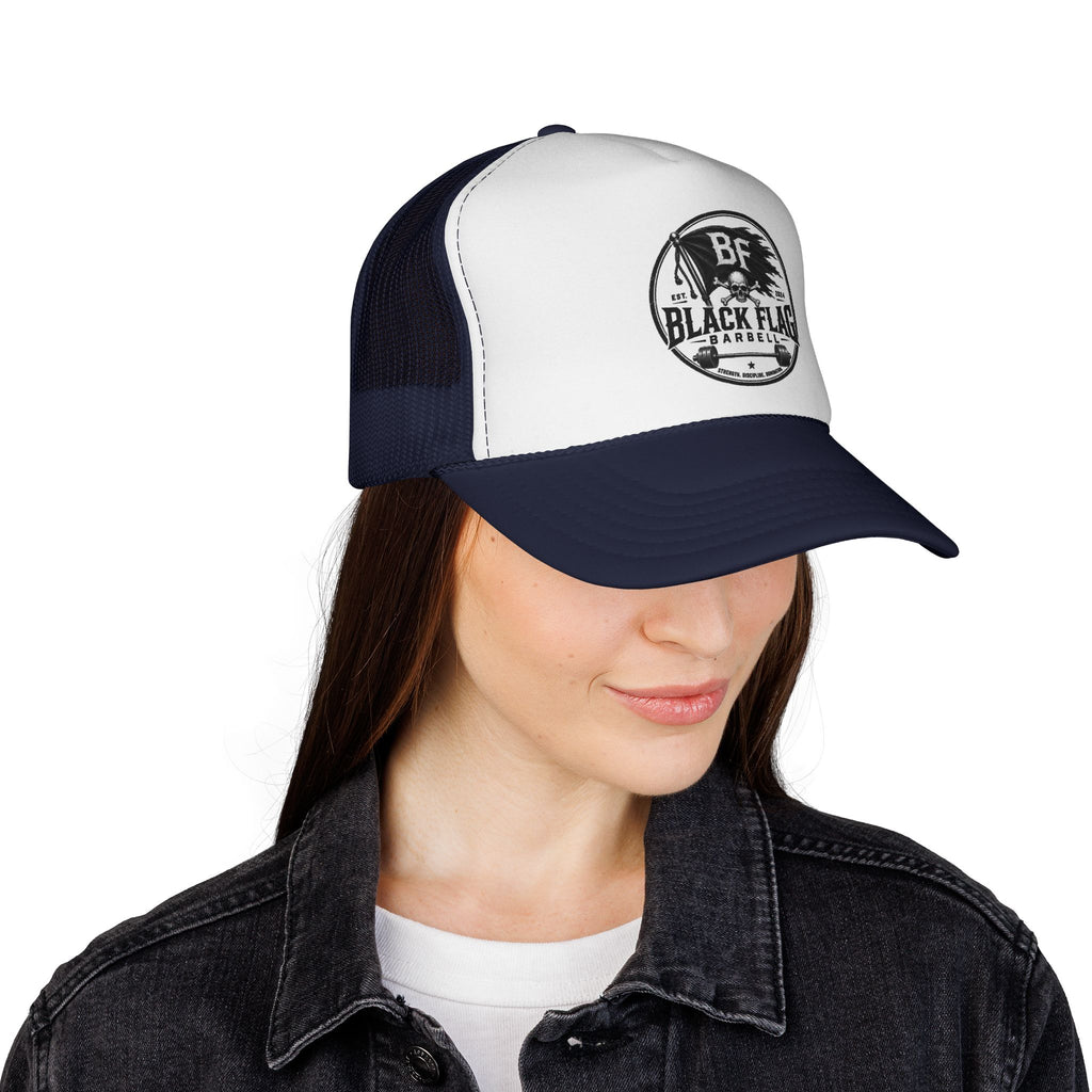 Black Flag Barbell Trucker Hat — Vintage Fitness Logo Cap